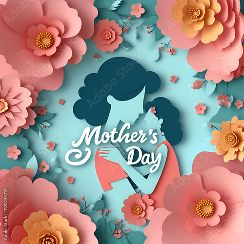 mother's day, illustration of a mother holding a baby in her arms on a blue background with flowers, bright floral background