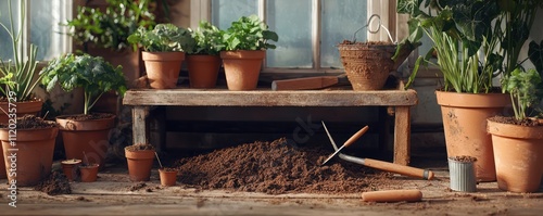 Potting bench with gardening tools and soil ready for planting.