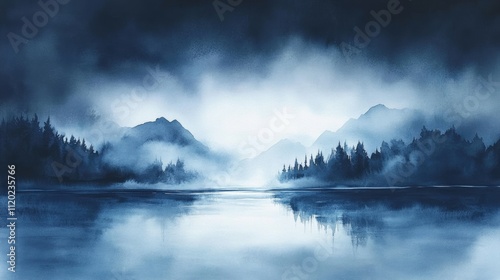 Serene misty lake reflecting mountains and forest at dawn.