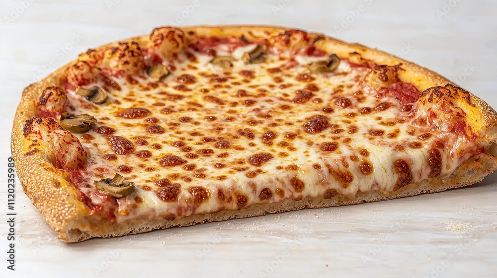 Delicious cheese pizza with mushrooms, a slice missing, on a marble surface. Delicious cheese pizza with mushrooms, a slice missing, on a marble surface.