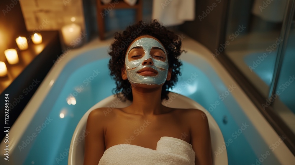 Relaxed woman with face mask in bathtub. Relaxed woman with face mask in bathtub.