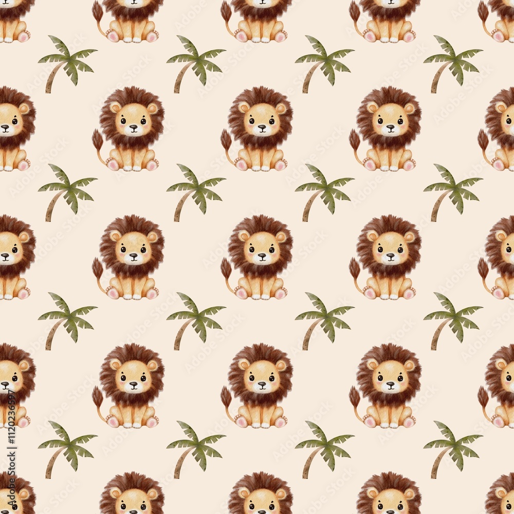 Obraz premium Watercolor pattern of playful lions surrounded by tropical palm trees