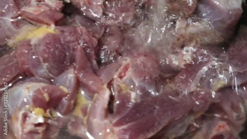 Washing raw meat in the water in the kitchen sink. Water flows on raw meat. Cleaning raw duck meat footage. 
 photo