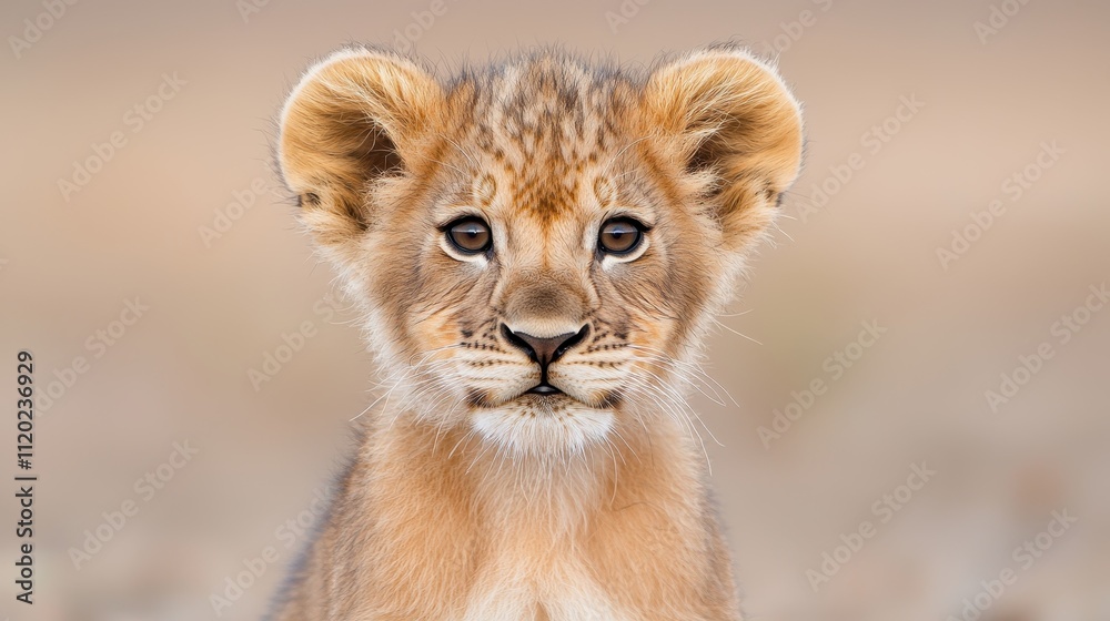 Adorable lion cub portrait, close-up, looking at camera, soft focus background. Adorable lion cub portrait, close-up, looking at camera, soft focus background.