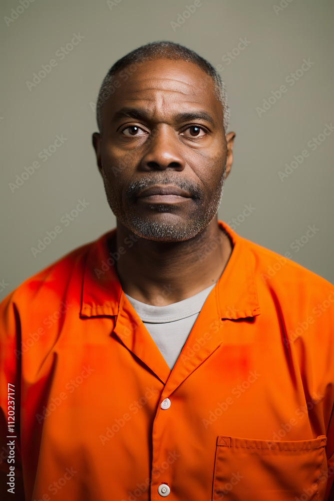 Fototapeta premium Prison mugshot of middle aged African American man in orange jumpsuit