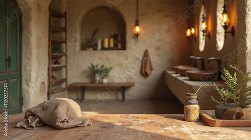 Rustic bathroom with display surface photo