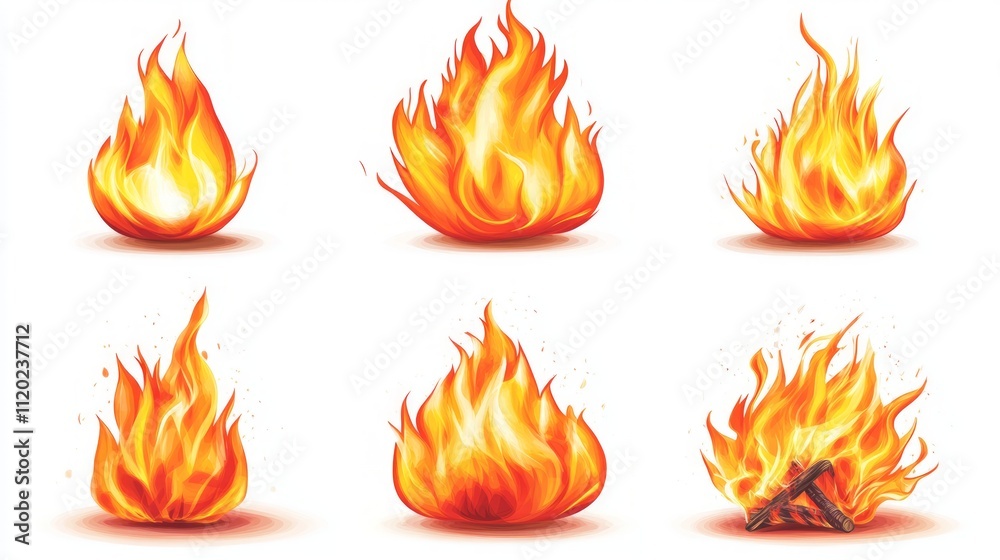 Six realistic fire flames illustrations isolated on white background. Six realistic fire flames illustrations isolated on white background.