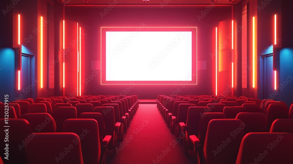 Obraz premium Modern Cinema Interior with Rows of Red Seats and Bright Screen in a Dark Atmosphere Enhanced by Colorful Neon Lighting