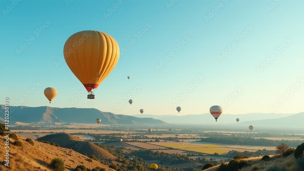 Hot Air Balloons Soaring Over Scenic Landscape at Sunrise