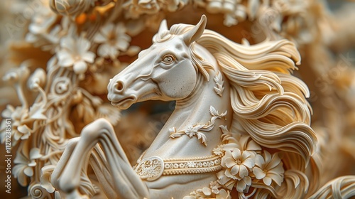 Intricate ivory carving of a horse's head and neck, adorned with floral details and a decorative harness. photo