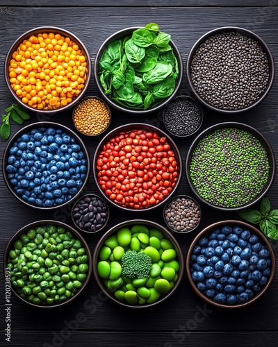 Exercise Holistic Diet Concept. A vibrant arrangement of colorful fruits, vegetables, and legumes in bowls on a dark surface.