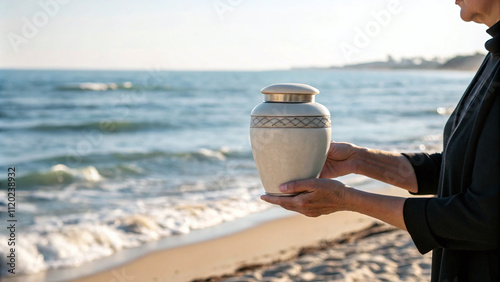 Woman with Cremation Urn of Deceased Ashes Ready to Let into Ocean Water, Death and Loss of Loved One and Mourning Ritual
