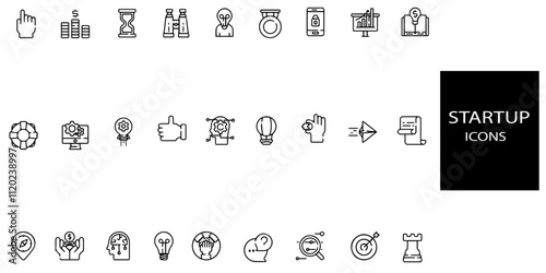 Startup simple concept 27 icons set. Contains such innovation, business plan, investment, launch, funding, investor and entrepreneurship .Vector illustration.