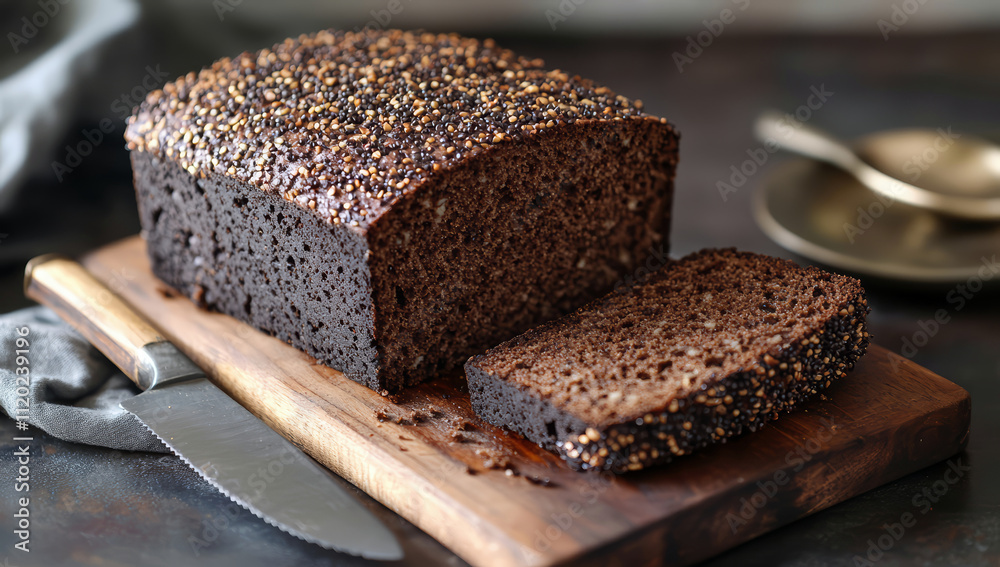 Freshly baked buckwheat bread on a table with green seeds for vegan baking Freshly baked buckwheat bread on a table with green seeds for vegan baking