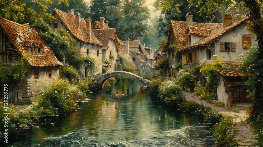Idyllic river village with stone houses, arched bridge, lush greenery, and calm water.