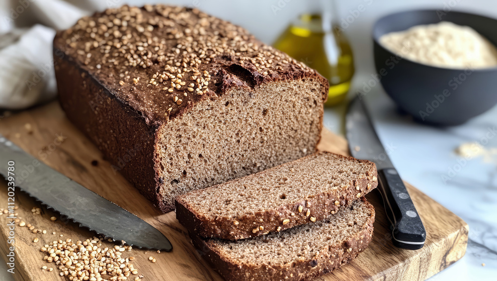 Freshly baked buckwheat bread on a table with green seeds for vegan baking Freshly baked buckwheat bread on a table with green seeds for vegan baking