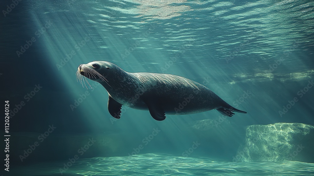 Obraz premium Underwater sea lion gracefully swimming in sunlit water.