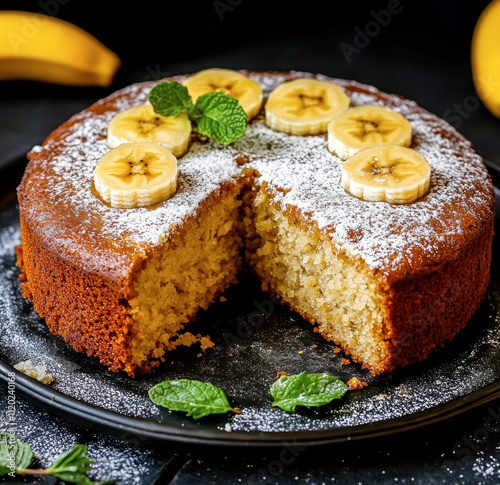 Deliciously homemade banana cake adorned with mint leaves and sliced bananas on a rustic iron plate, perfect for sweet celebrations or afternoon treats
