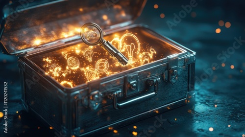 A sleek, modern key unlocking a briefcase filled with glowing ideas and innovation symbols photo