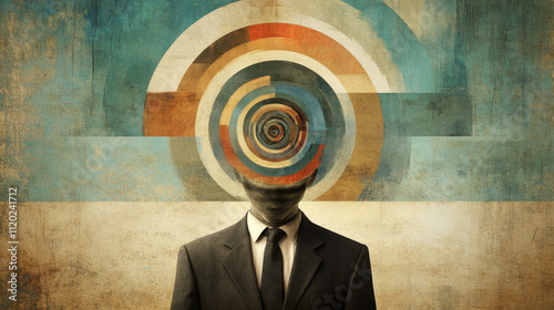 Negative Thought Cycles, A surreal depiction of a suited figure with a colorful spiral replacing their head, exploring themes of identity and consciousness. photo