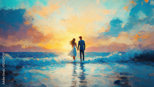 Romantic Couple at Sunset Beach. A captivating image of a couple holding hands, walking along a beach at sunset.