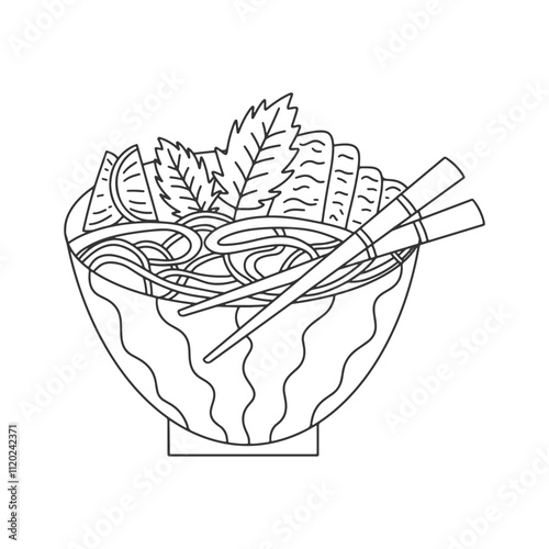 Vietnamese noodle soup Pho Bo. Asian food. Vector doodle illustration.