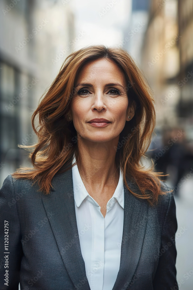 Confident middle aged Hispanic businesswoman stands in busy city with a serious look Confident middle aged Hispanic businesswoman stands in busy city with a serious look