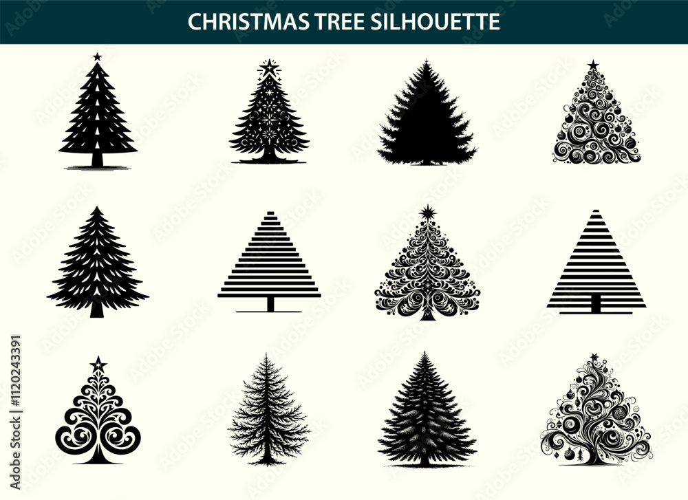 Obraz premium Minimalist Black Holiday Tree Silhouette Vector Art on Transparent Background – Customizable Format