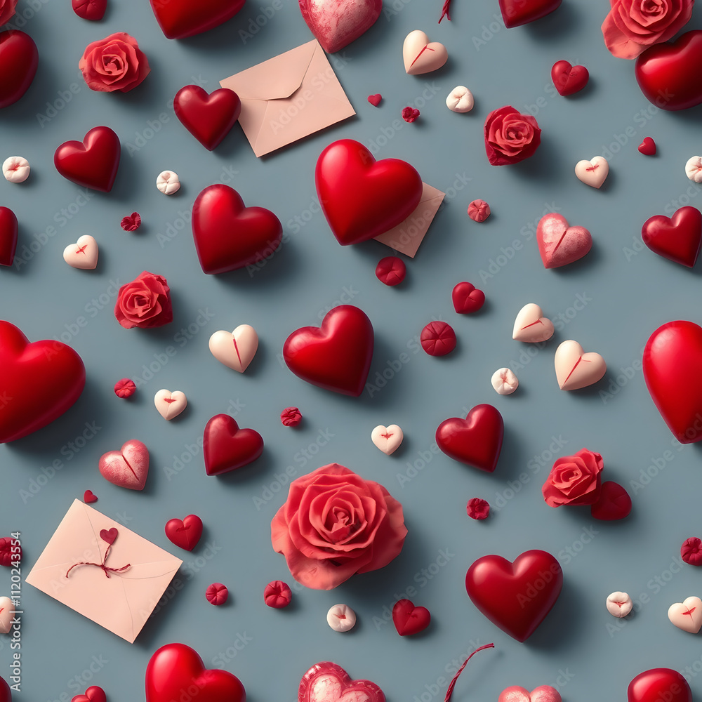 Colorful arrangement of hearts, roses, and love letters creating a romantic atmosphere for celebration of love and affection Colorful arrangement of hearts, roses, and love letters creating a romantic atmosphere for celebration of love and affection