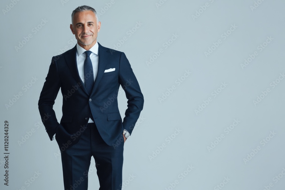 Confident mature businessman in a navy blue suit, standing against a light gray background.