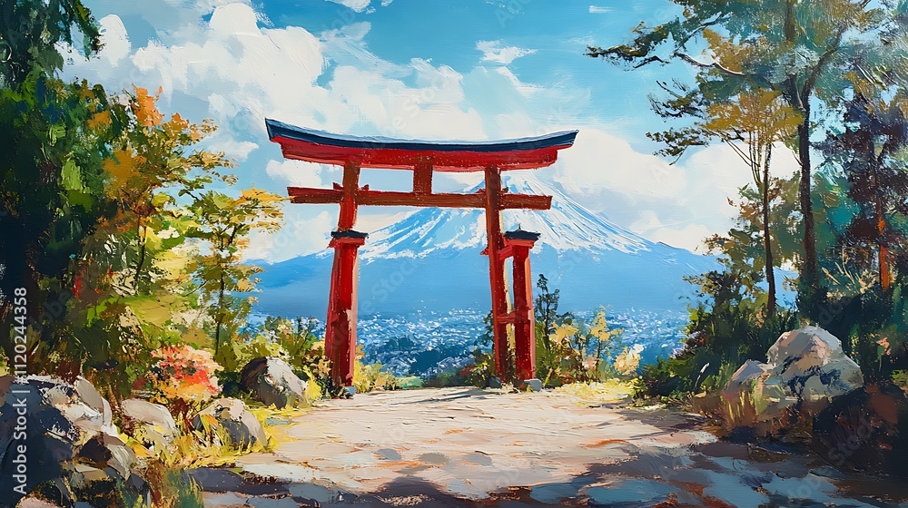 Mount Fuji view through a vibrant red Torii gate in a landscape painting Mount Fuji view through a vibrant red Torii gate in a landscape painting