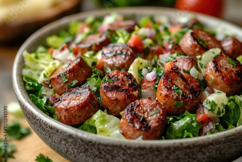 Sizzling grilled sausage salad kitchen food photography rustic close-up delicious healthy eating concept