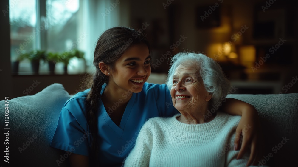 A home health care worker assists an elderly woman in her home
A home health care worker assists an elderly woman in her home