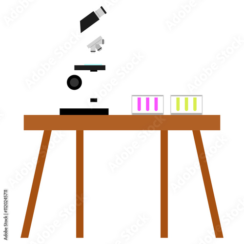 microscope and testing tube on the wooden desk illustration
