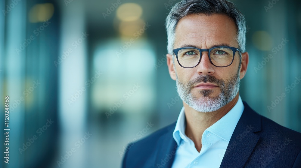 Professional man with gray hair and beard in business attire, looking confidently at camera in modern office environment with soft lighting Professional man with gray hair and beard in business attire, looking confidently at camera in modern office environment with soft lighting
