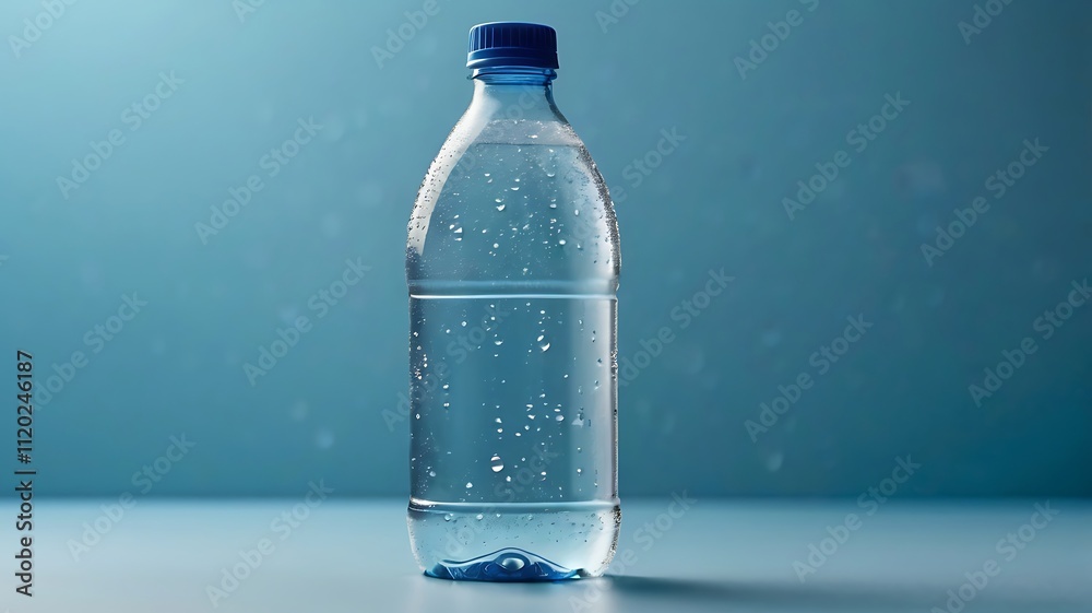 A transparent plastic bottle with water droplets on the surface, showcasing a transparent blank label area. The bottle is in an upright position on a white or light blue background. A transparent plastic bottle with water droplets on the surface, showcasing a transparent blank label area. The bottle is in an upright position on a white or light blue background.