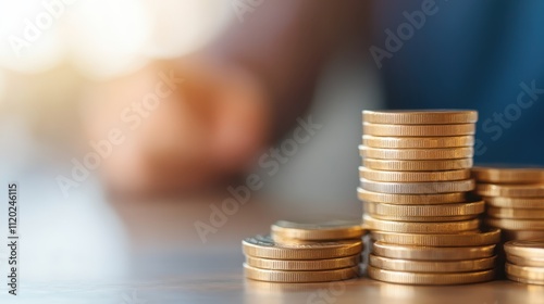 Stacks of shiny gold coins on a wooden table with a blurred background highlighting financial prosperity and investing opportunity in business photo