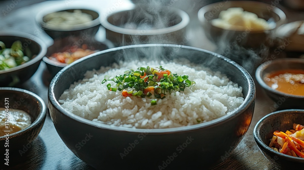 A steaming bowl of rice surrounded by small plates of sauces and vegetables in an authentic dining setup. A steaming bowl of rice surrounded by small plates of sauces and vegetables in an authentic dining setup.