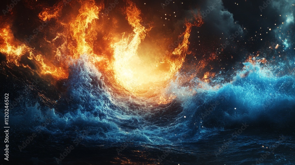 Fototapeta premium A dramatic scene depicting fiery waves and turbulent waters, blending elements of fire and ocean.