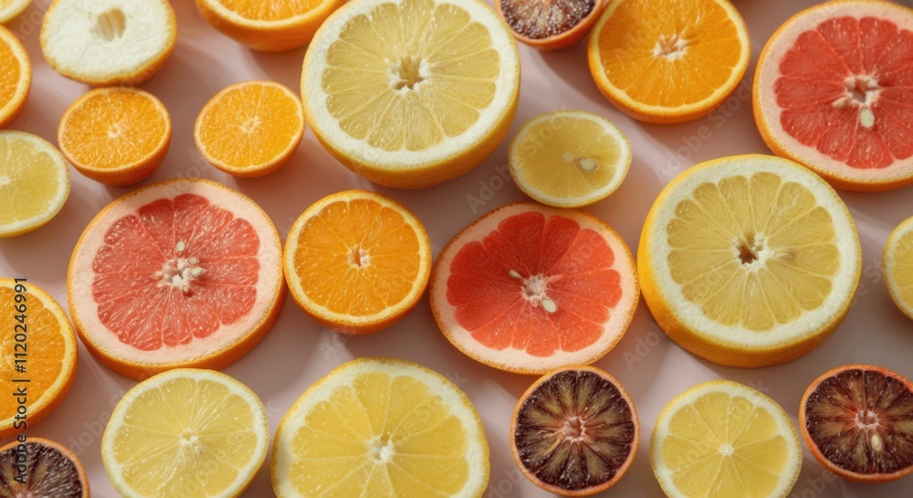 Fototapeta premium Citrus medley: vibrant array of sliced oranges, lemons, grapefruits