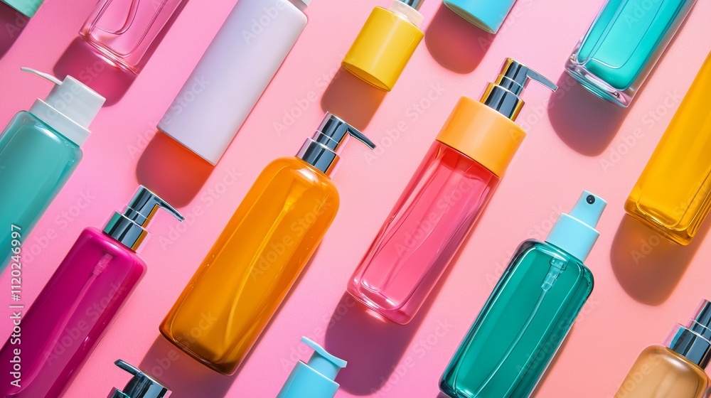 Colorful cosmetic bottles arranged on pink background Colorful cosmetic bottles arranged on pink background