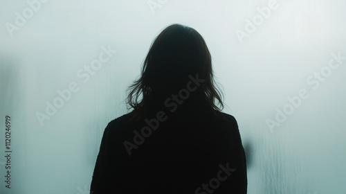 Silhouette of a woman against a misty, indistinct background. photo