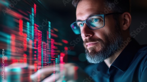 Focused man analyzing digital data trends on futuristic interface with colorful graphs and statistics, representing modern technology and data science concepts