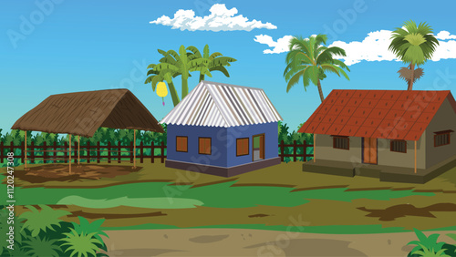 Village house yard with hut and a cowshed sorrounded by fench,palm tree,coconut tree,banana trees,bushes and dirt road beneath a coludy blue sky