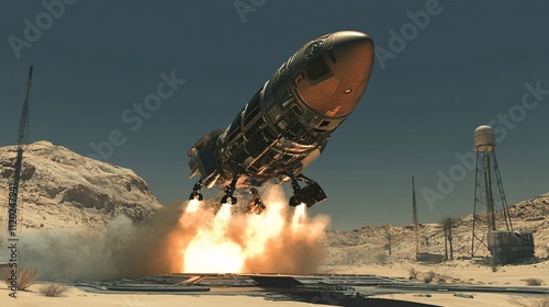 Dynamic Action Shot of Reusable Rocket Landing on Desert Landscape photo