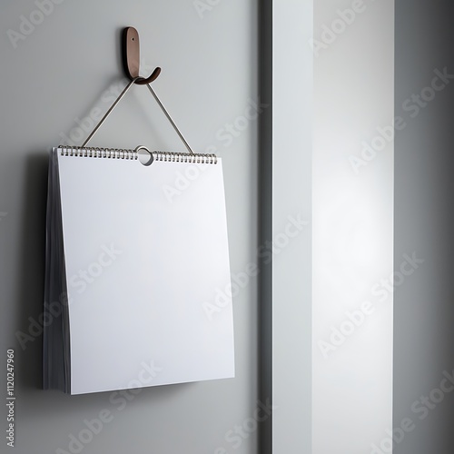 high-quality, professional photograph of a pristine, blank white calendar suspended from a metallic or wooden hook on a smooth, light grey-colored wall, ready to be visually customized.