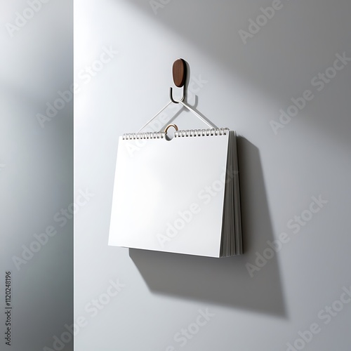 A high-quality, professional photograph of a pristine, blank white calendar suspended from a metallic or wooden hook on a smooth, light grey-colored wall, ready to be visually customized.