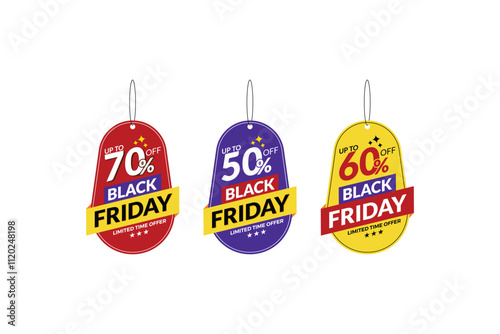 Black Friday offer dangler Vector template design, 50% off, 60% off, 70% off, Black friday realistic hanging sales label collection tag, hang tag sticker multiple color. shopping sale sticker