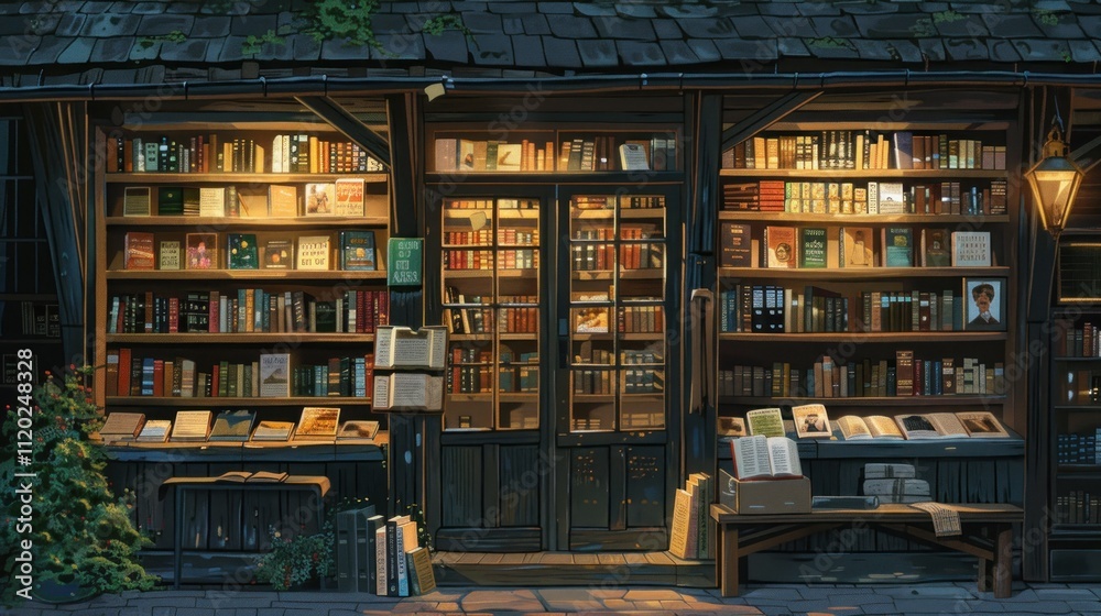 Cozy bookstore at night, filled with bookshelves and warm lighting. Cozy bookstore at night, filled with bookshelves and warm lighting.