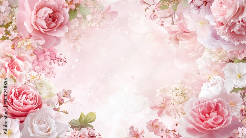 Mother's Day Blooms: Pink Peony and Rose Celebration on Delicate Pastel Pink Background with Blank Space for Greetings. Mother's Day Blooms: Pink Peony and Rose Celebration on Delicate Pastel Pink Background with Blank Space for Greetings.